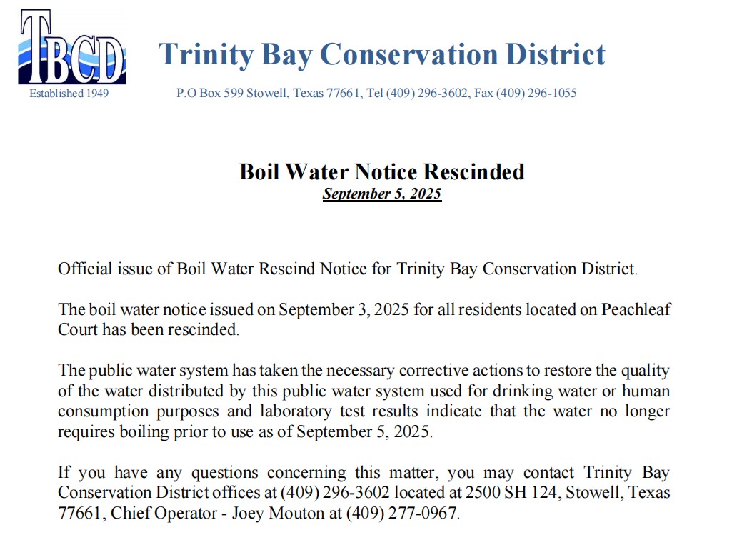 Boil Water Notice Rescinded - Peachleaf Court - September 2025