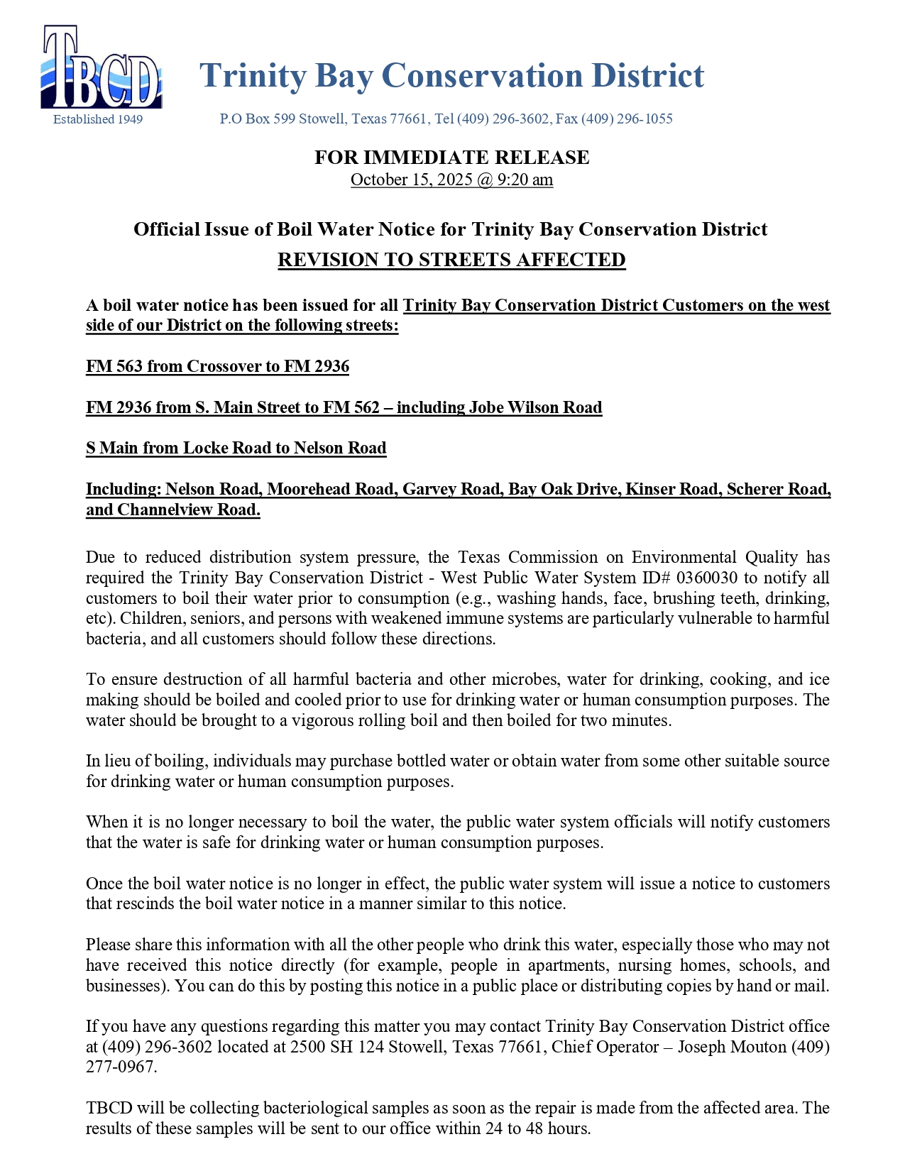 REVISED - Anahuac Area Boil Water Notice