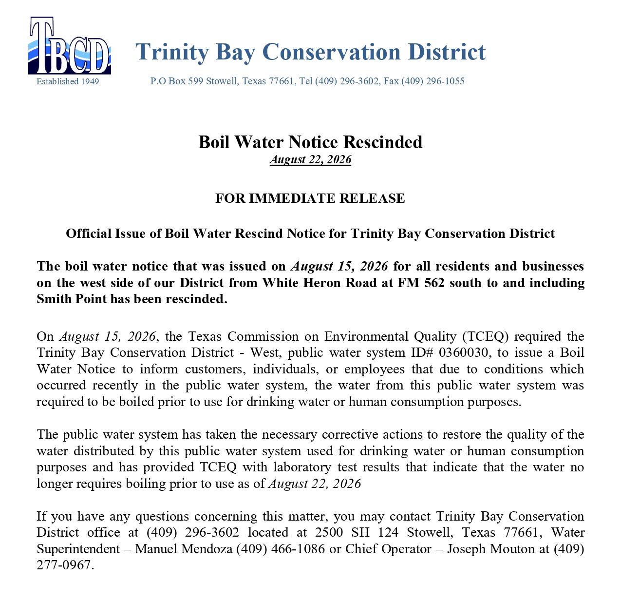 Smith Point Boil Water Rescind Notice to the Media - 8-22-2026