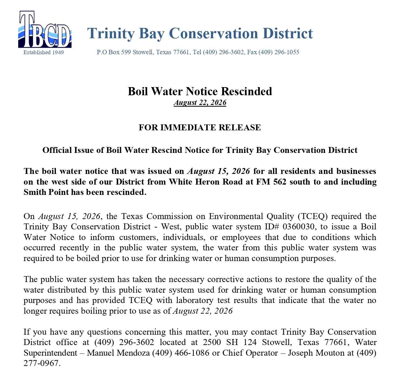 Smith Point Boil Water Rescind Notice to the Media - 8-22-2026