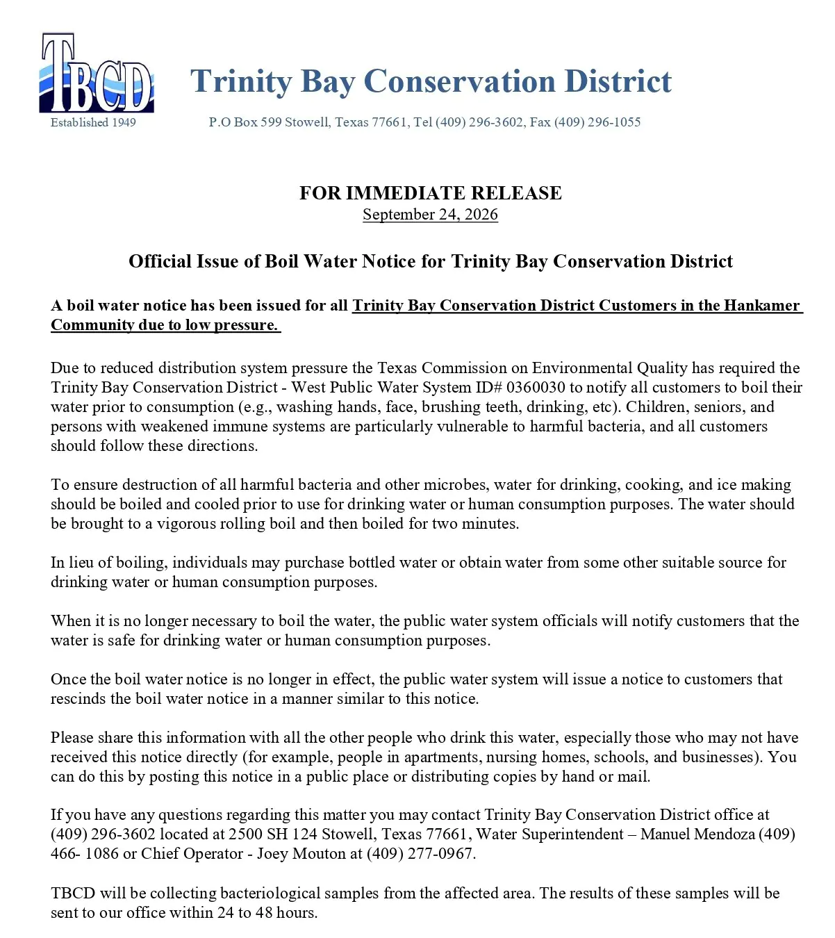 FM 1663 - Boil Water Notice - 9-24-2026