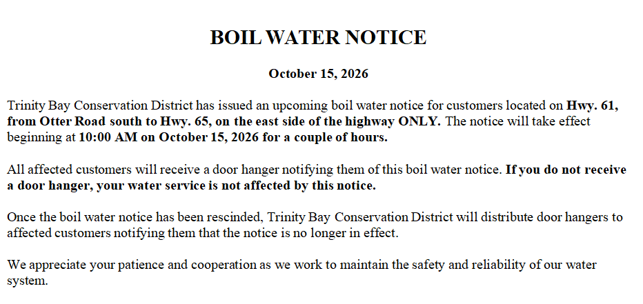 Boil Water Notice - Hwy 61 - Otter to Hwy 65 - Door Hangers - 10-15-2026